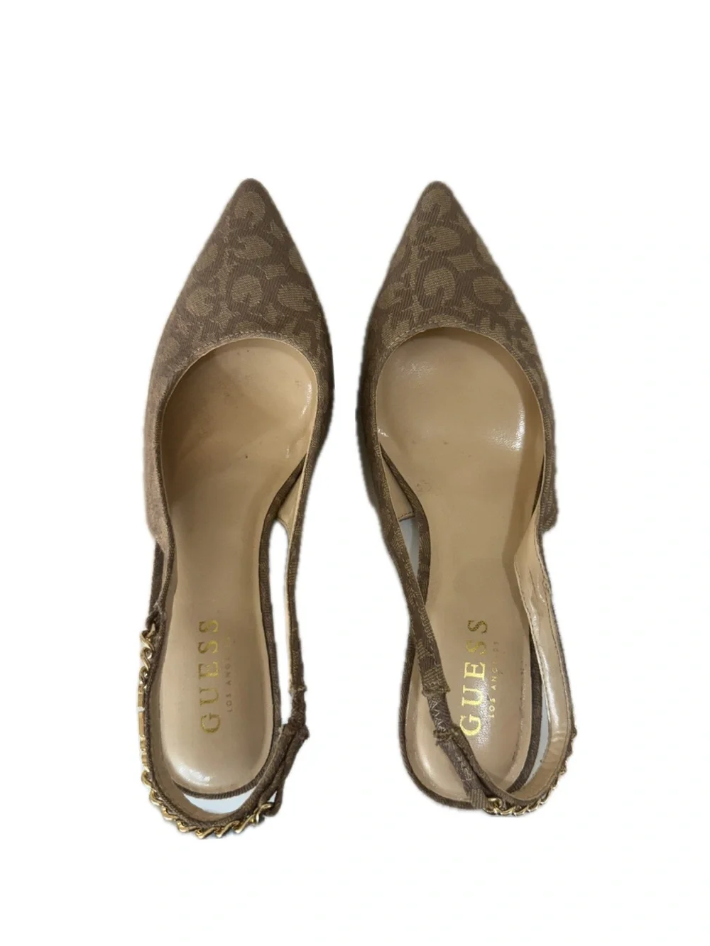 GUESS Brown Logo Slingback Kitten Heels with Gold Chain